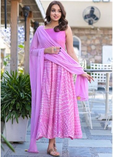 Pink Readymade Bandhej Printed Anarkali Kurti In Silk
