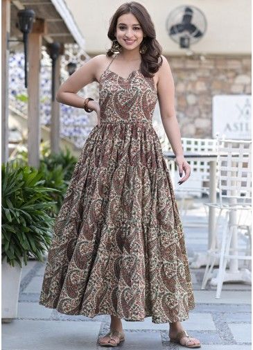 Brown Floral Printed Tiered Readymade Dress