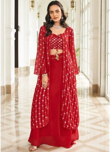 Red Embroidered Jacket Style Top & Skirt Set
