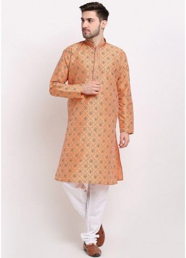 Readymade Orange Color Dupion Silk Kurta Pajama