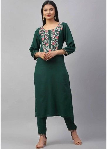 Green Embroidered Pant Kurta In Rayon