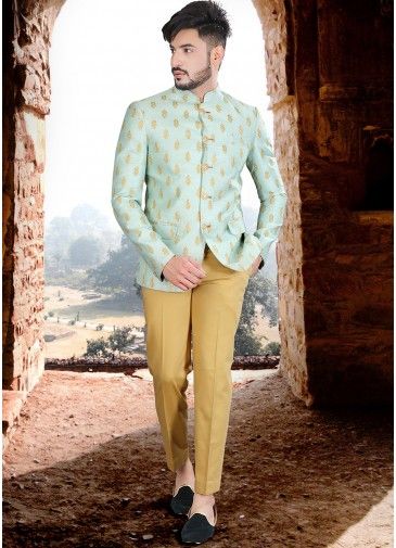 Readymade Green Zari Woven Bandhgala Jodhpuri Suit