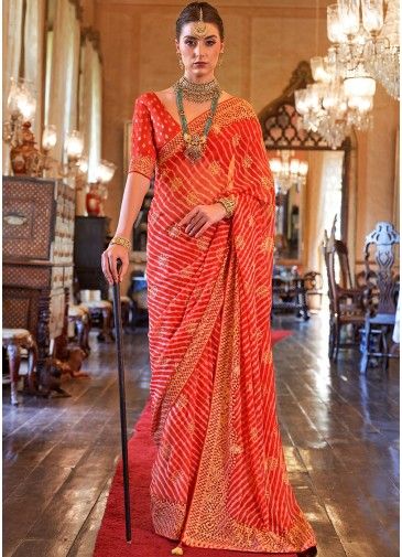 Red Leheria Print Georgette Saree With Blouse 