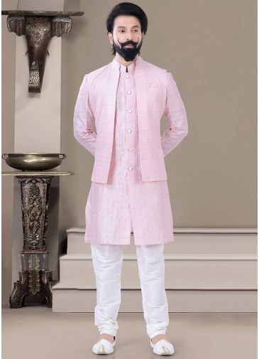 Pink Woven Kurta Pajama & Nehru Jacket