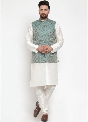 White Dupion Silk Kurta Pajama with Nehru Jacket