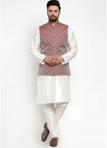 White Dupion Silk Kurta Pajama with Nehru Jacket