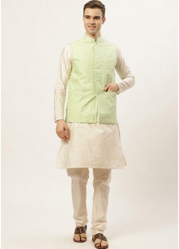 Green Dupion Silk Nehru Jacket With Kurta Pajama