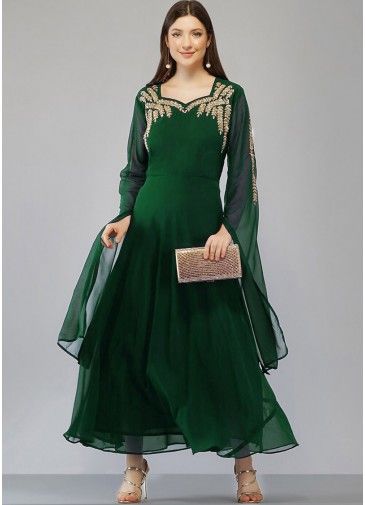 Green Embroidered Long Kurta In Georgette