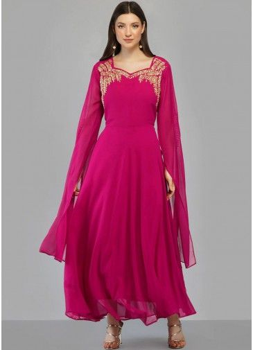 Pink Embroidered Georgette Long Kurti