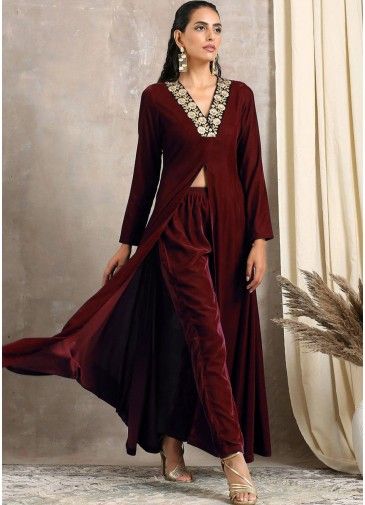 Maroon Embroidered Long Tunic & Pant In Velvet