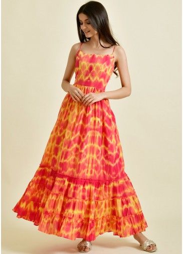 Red & Yellow Tiered Dress In Tie-Dye Print 