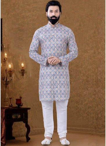 Mens Blue Printed Kurta Pajama In Cotton