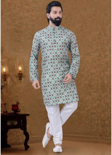 Green Printed Design Kurta Pajama For Men