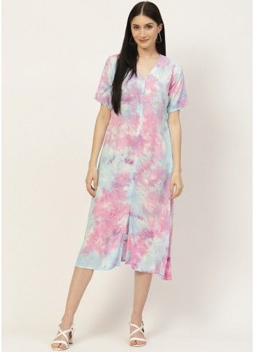 Pink & Blue Tie Dye Printed Dress