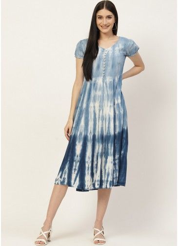 Shaded Blue Tie Dye Printed Dress In Rayon
