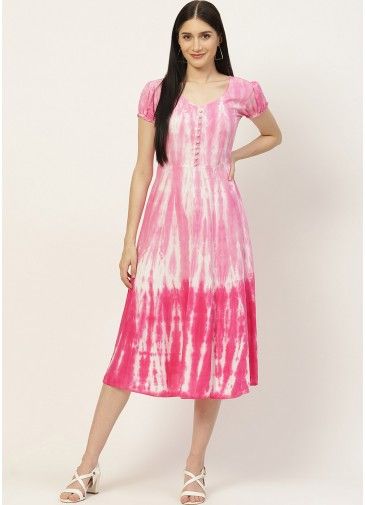 Shaded Pink Rayon Dress With Tie Dyed Print