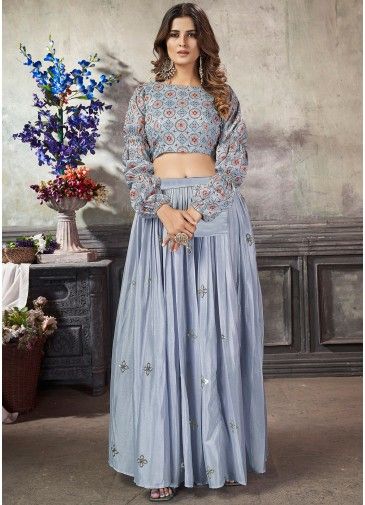 Blue Embroidered Crop Top & Skirt