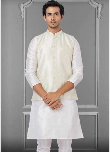 Shaded White & Blue Woven Nehru Jacket In Linen