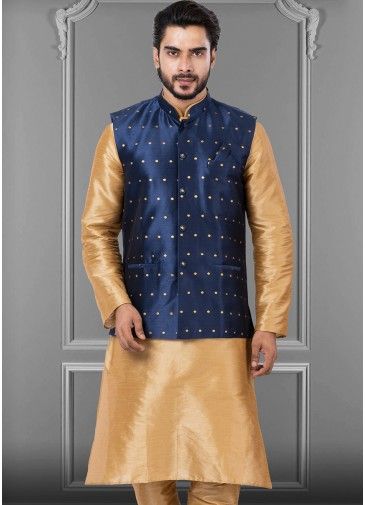 Blue Cotton Nehru Jacket With Woven Work