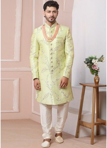 Readymade Green Zari Embroidered Sherwani In Art Silk