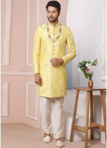 Yellow Zari Embroidered Readymade Sherwani In Art Silk