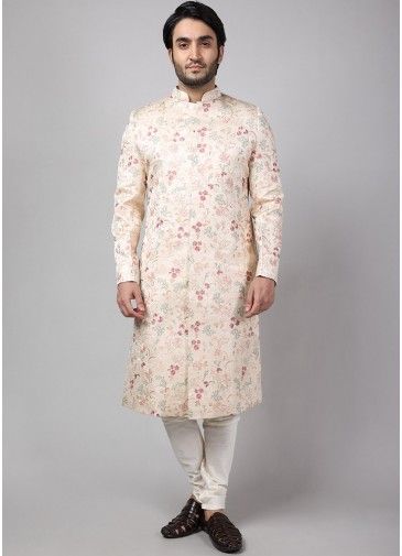 Cream Embroidered Sherwani Set In Cotton Silk