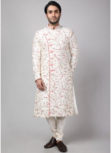 Readymade Mens Off White Embroidered Sherwani Set