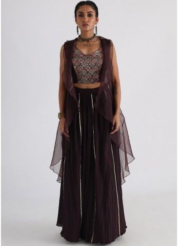 Brown Embroidered Skirt Set With Jacket
