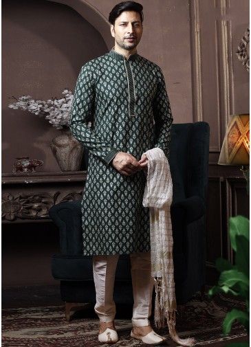 Readymade Green Printed Kurta Pajama Set