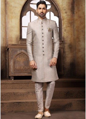 Grey Mens Woven Indo Western Sherwani Set