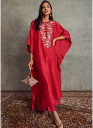 Red Embroidered Asymmetric Kurti