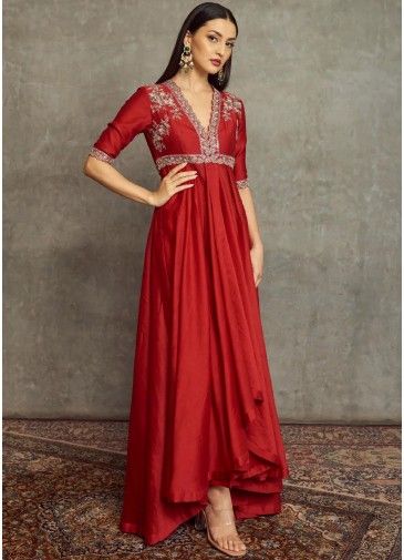 Red Embroidered Long Kurta In Art Silk