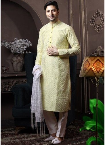 Readymade Yellow Chikankari Embroidered Silk Kurta Pajama