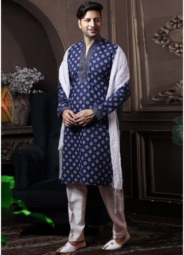 Blue Printed Readymade Kurta Pyjama For Men