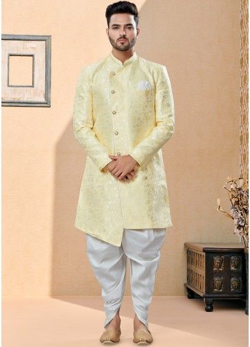 Yellow Readymade Asymmetric Woven Sherwani With Dhoti