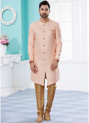 Pink Readymade Woven Indo Western Sherwani