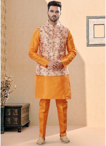 Readymade Orange Kurta Pajama With Printed Jacket