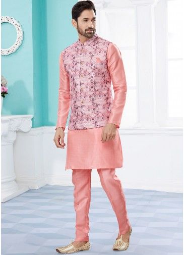 Readymade Pink Kurta Pajama Set In Dupion Silk