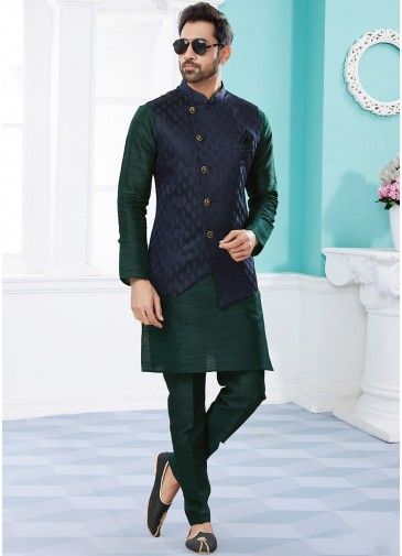 Green Readymade Kurta Pajama Set With Nehru Jacket