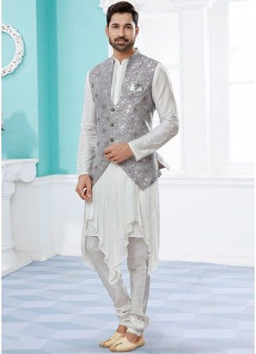 Readymade White Asymmetric Kurta Pyjama With Woven Jacket