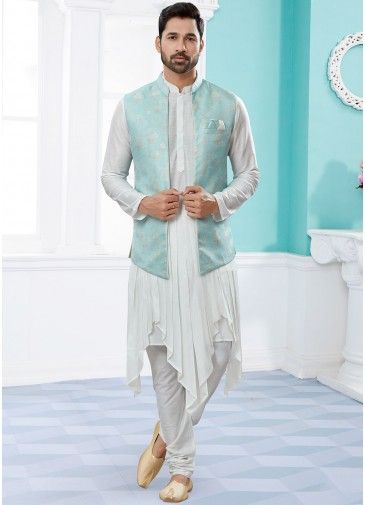 White Readymade Asymmetric Kurta Pyjama With Woven Jacket