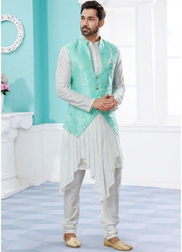 White Asymmetric Readymade Silk Kurta Pajama Set