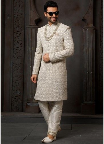 Grey Thread Embroidered Mens Sherwani Set