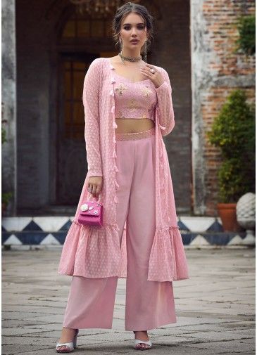 Pink Readymade Embroidered Jacket Style Palazzo Set