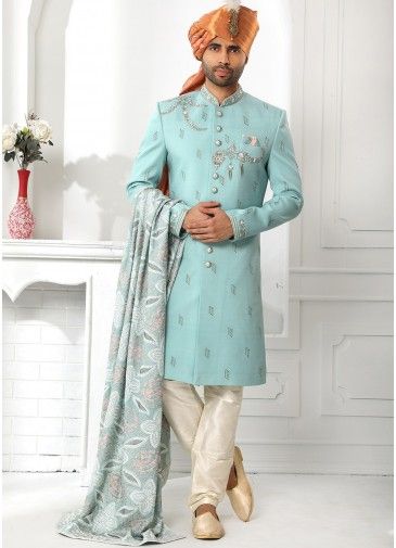 Blue Embroidered Sherwani Set With Stole