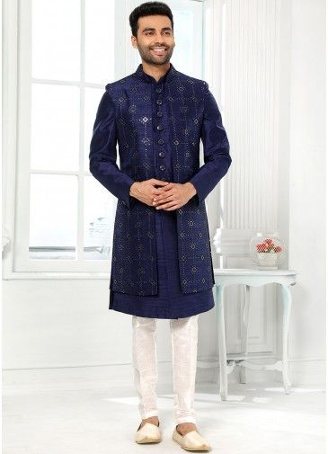 Mens Blue Indo Western Sherwani In Thread Embroidery