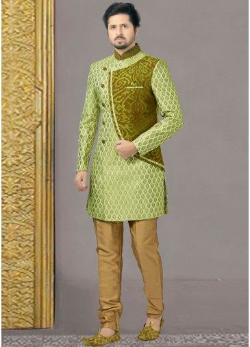 Readymade Green Woven Brocade Sherwani Set