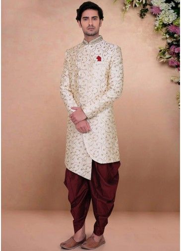Off White Embroidered Readymade Sherwani With Dhoti