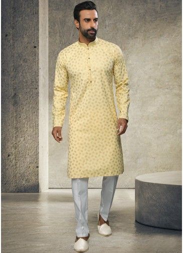 Yellow Printed Design Kurta Pajama For Men