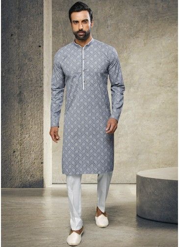 Grey Readymade Printed Kurta With Pajama